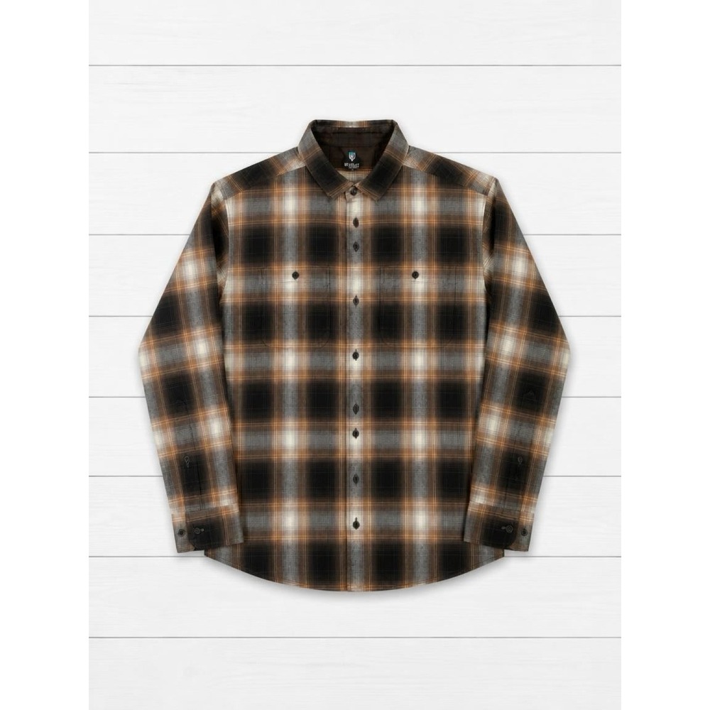Kuhl Law Flannel Shirt Mens Medium Brown Black Plaid Organic Cotton Tencel Blend